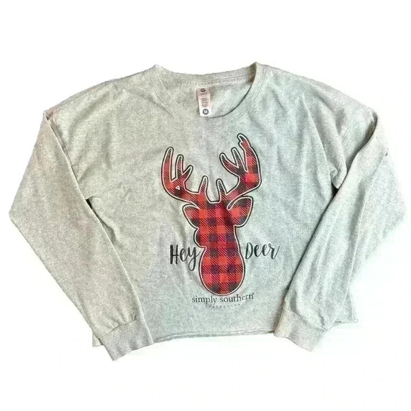 Simply Southern Tops - Simply Southern Hey Deer Long Sleeve Crop Top Medium Buffalo Plaid